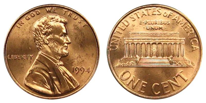 1994 Lincoln penny obverse and reverse showing Lincoln portrait and Lincoln Memorial design