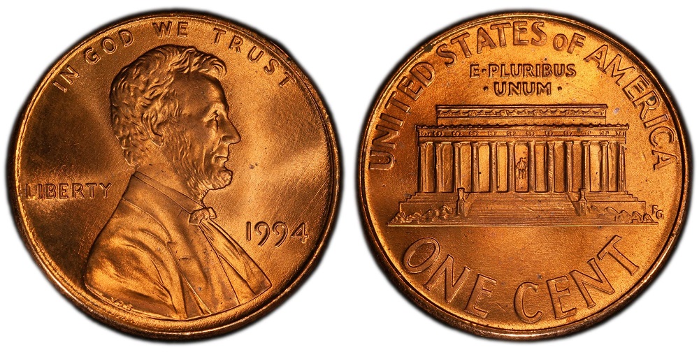 Side-by-side comparison of normal 1994 penny reverse versus 1994 DDR FS-801 doubled die reverse showing extra Memorial columns