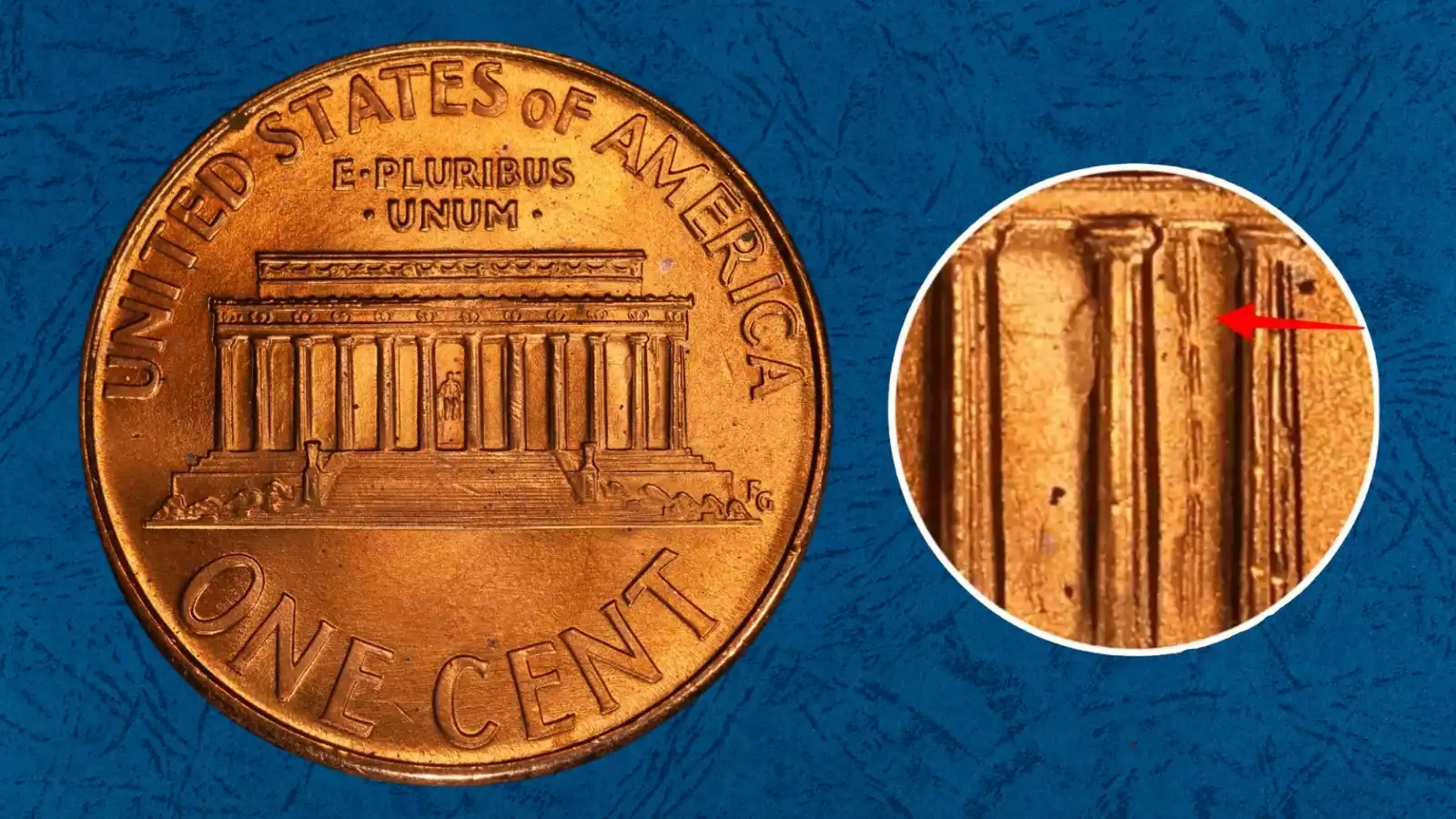 1994 penny DDR FS-801 doubled die reverse showing extra columns on Lincoln Memorial