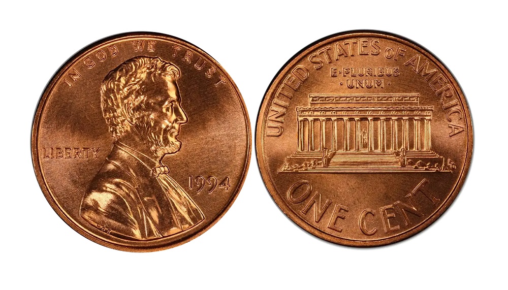 1994 penny Close AM variety showing A and M nearly touching in AMERICA on the reverse