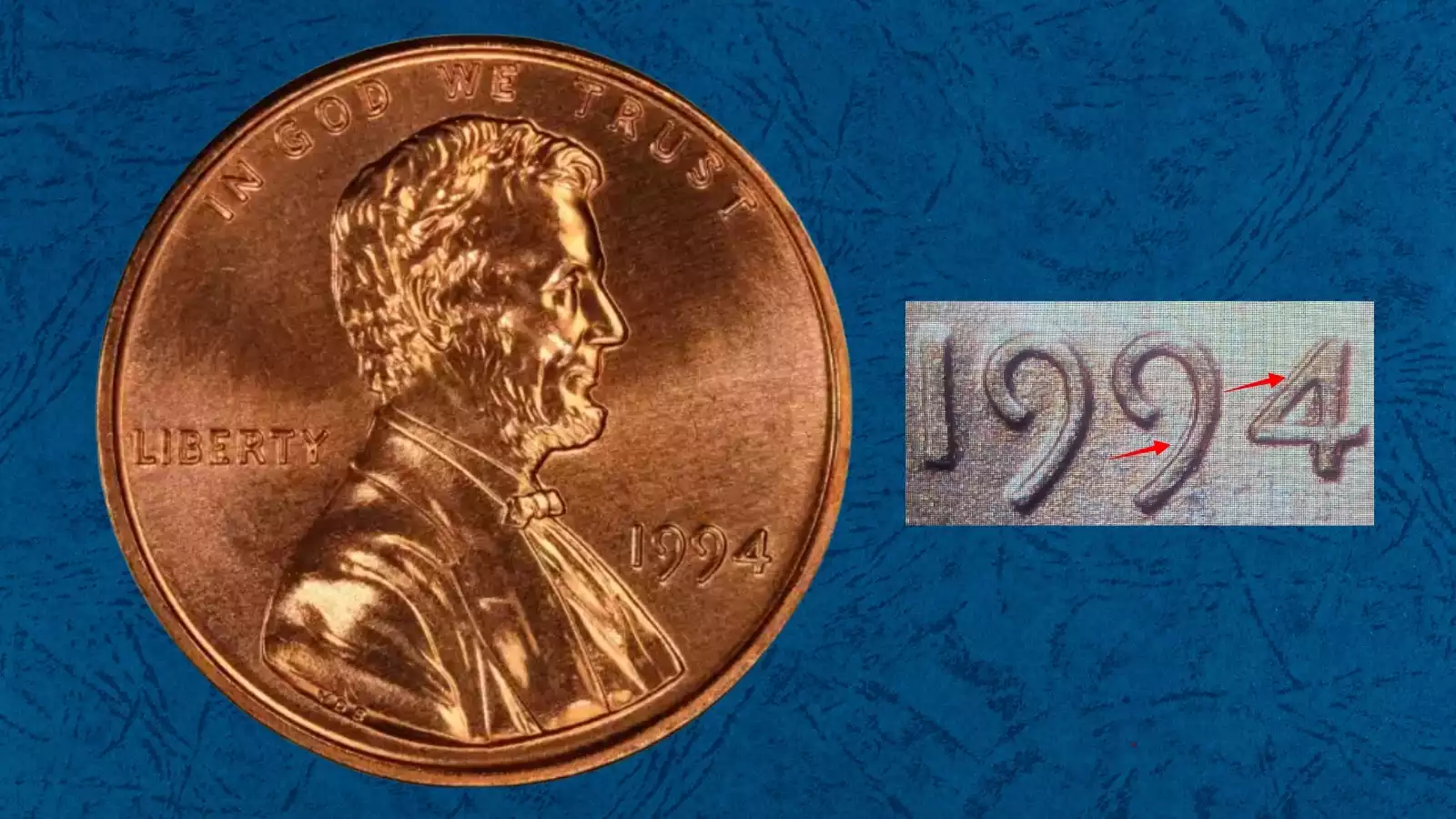 1994 penny doubled die obverse (DDO) showing doubling in date and LIBERTY lettering