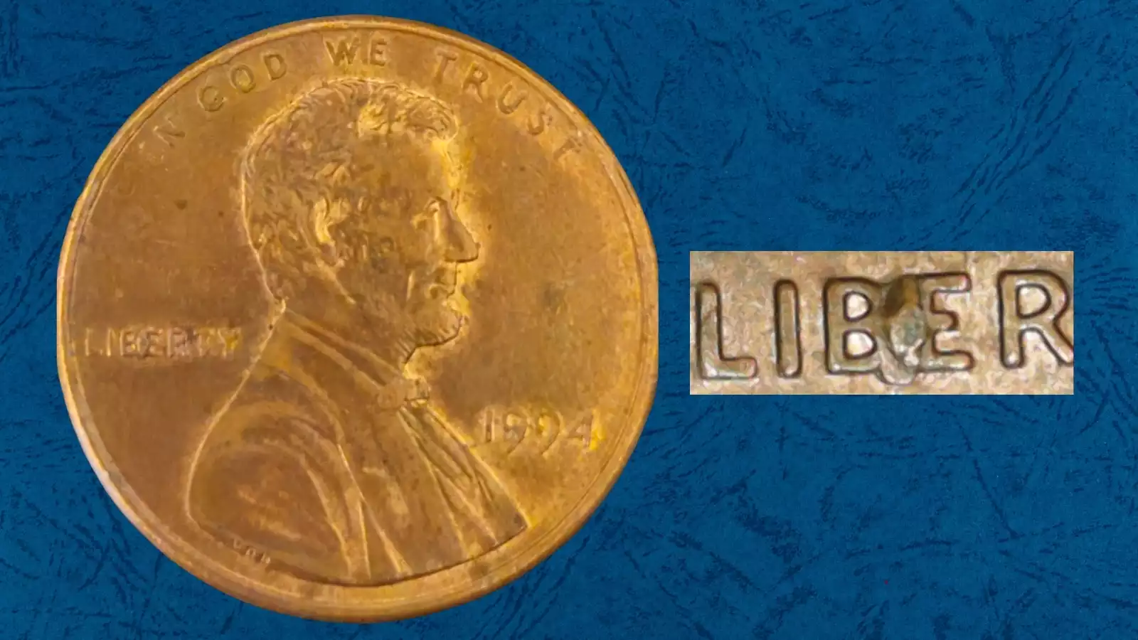 1994 penny BIE die break error showing raised bump between B and E of LIBERTY spelling LIBIERTY